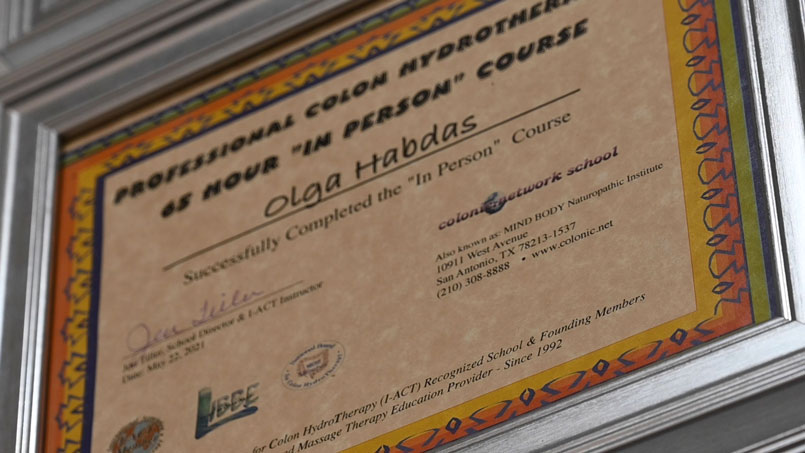 Certificate of Professional Colon Hydrotherapist Olga Habdas, displayed at Amber Colonics