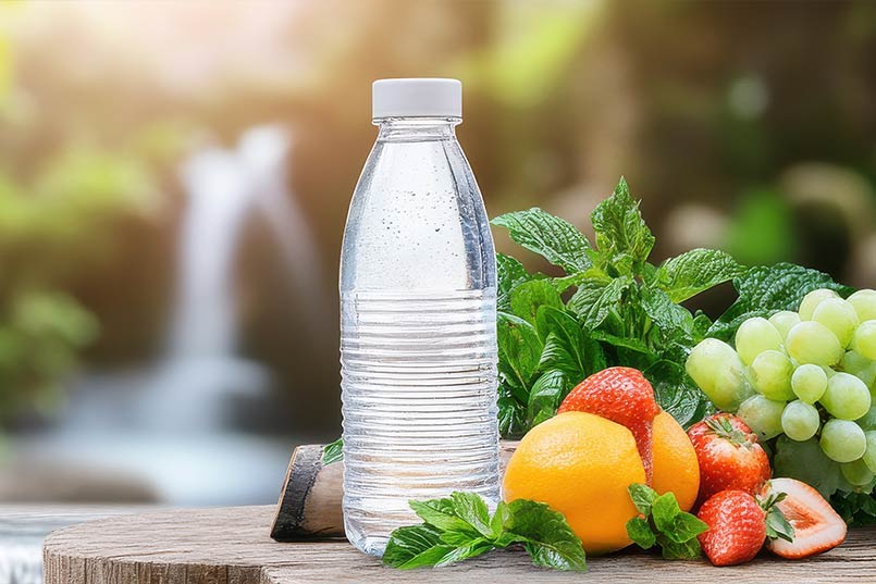 Fresh fruits, leafy greens, and lemon water on a wooden table symbolizing natural detox methods.