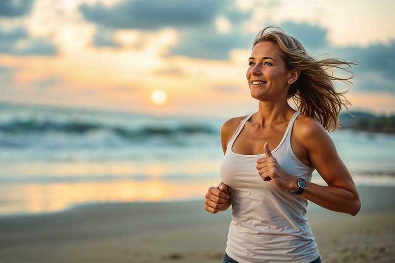 Woman jogging on the beach at sunrise to support a clean colon and natural detox through active lifestyle and movement.