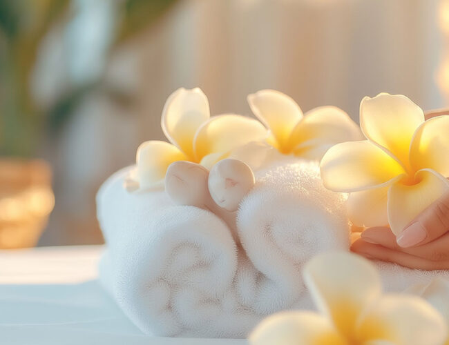 Rolled white spa towels with soft yellow plumeria flowers creating a calm, relaxing setting for colon hydrotherapy at Amber Colonics in Tempe AZ