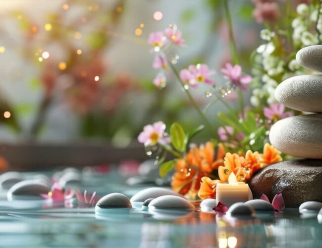 Stacked spa stones, flowers, candles, and water representing a relaxing Scottsdale wellness day in Tempe.
