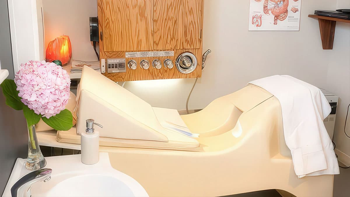 LIBBE Open System colon hydrotherapy equipment in a treatment room at Amber Colonics in Tempe.